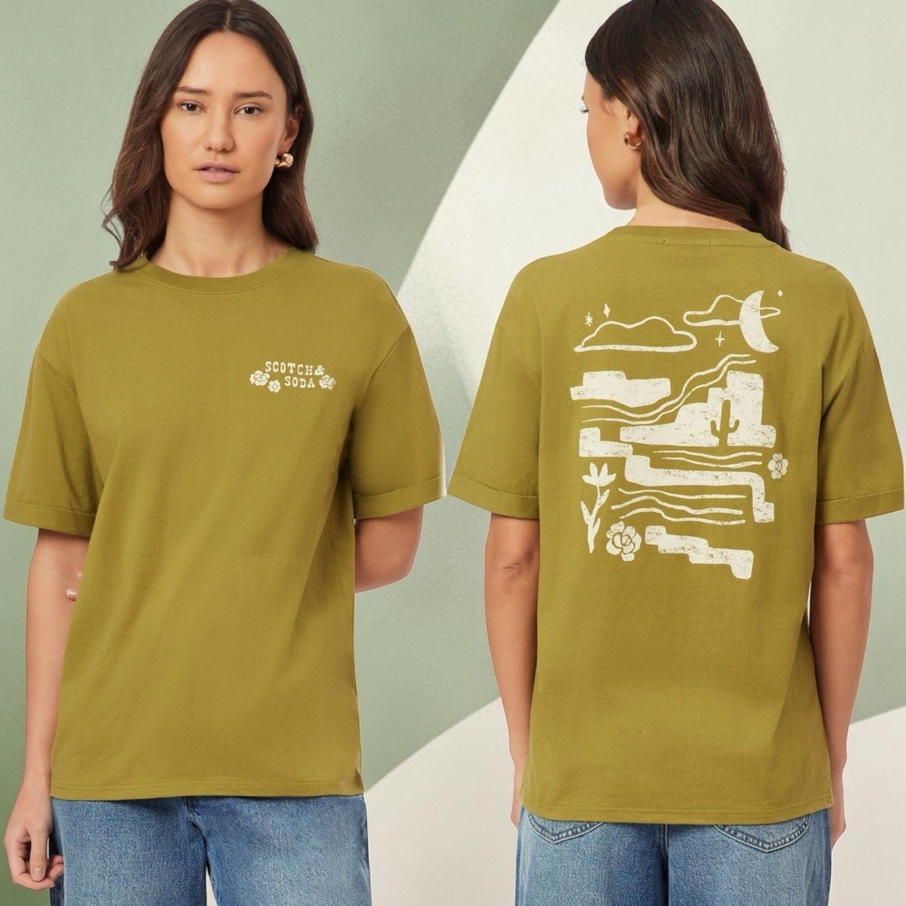 NEW Scotch & Soda Boyfriend Tee in Green Moss Dessert Scene Novelty Everyday XL
